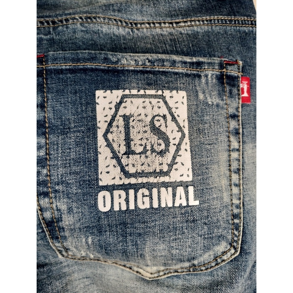 Fashion Homme Distressed Denim Shorts Size 33 Blue Acid Wash Graphic Cuff Punk - Picture 13 of 16